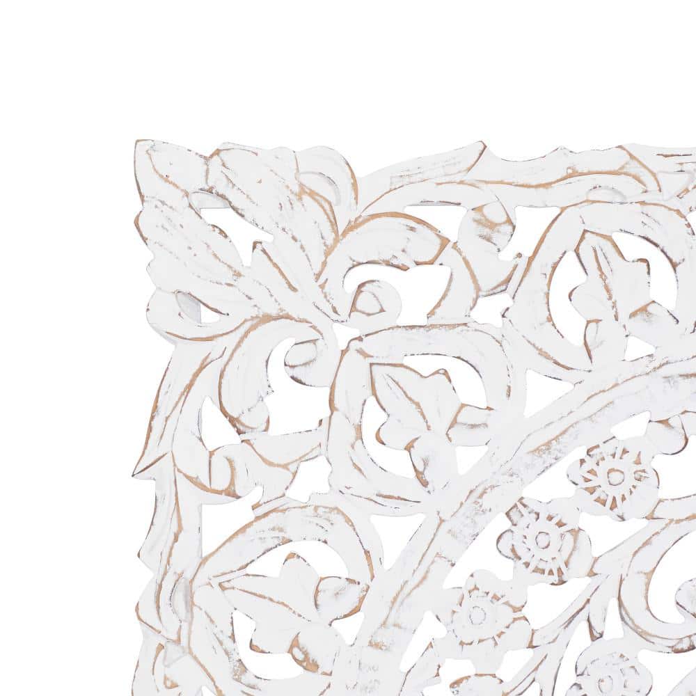 Whitewashed Wood Botanical Carved Wall Panel, 36" Square