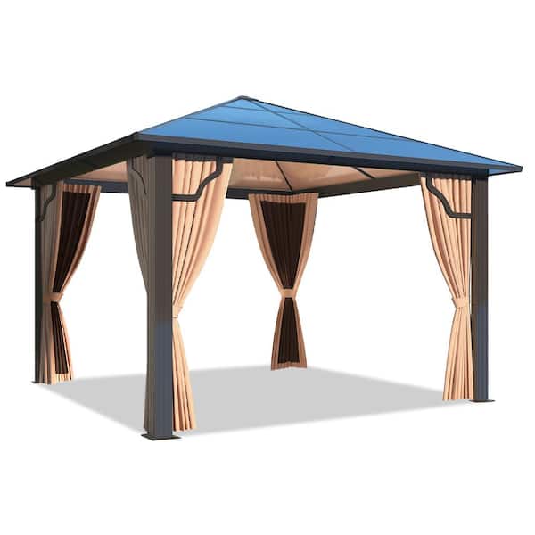 10 ft. x 10 ft. Hardtop Gazebo Outdoor Polycarbonate Roof Aluminum Frame Gazebo with Netting and Curtains