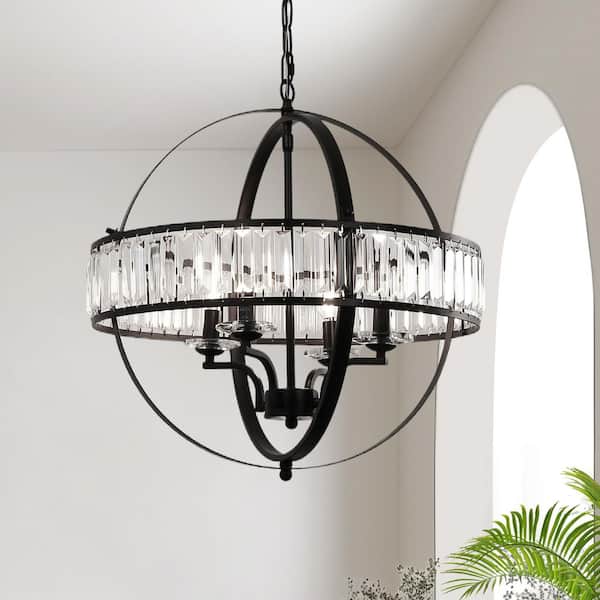 4-Light Industrial Matte Black Pendant Light with Crystal Shade, E12 Base, Modern Hanging Fixture for Dining Room