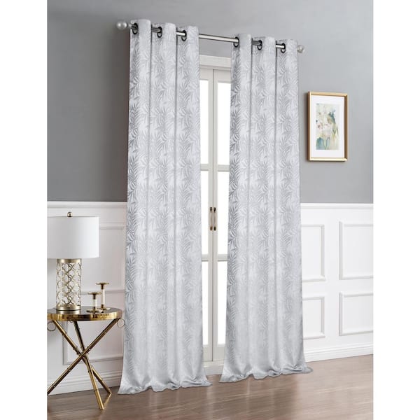 Dainty Home Palm 3D Silver Palm Tree Leaves Textured Weaved Lurex Leaves Designed Window Panel Pair 76 in. W x 84 in. L ( Set of 2)