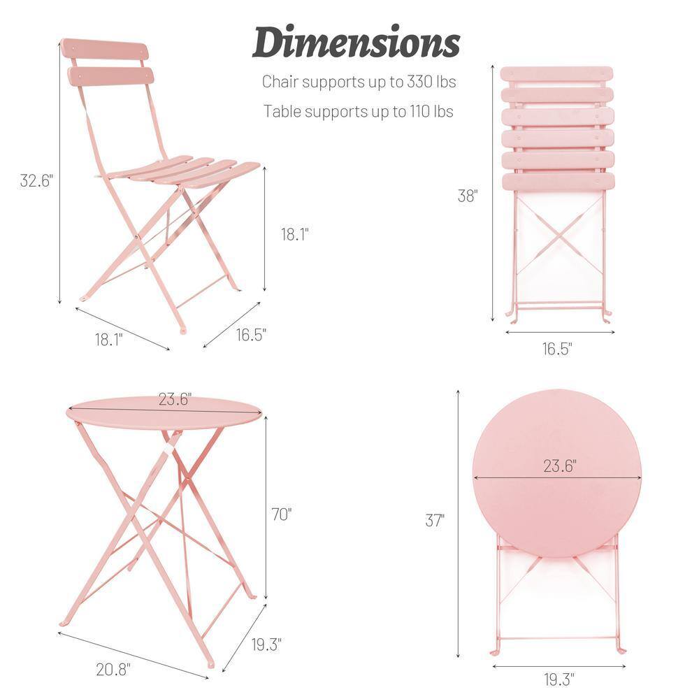 Dimensions diagram showing chair and table measurements.