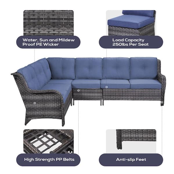 3-Piece Gray Wicker Fire Pit Conversation Set with Olefin Blue Cushions and L-Shaped Sofa/Fire Pit Table