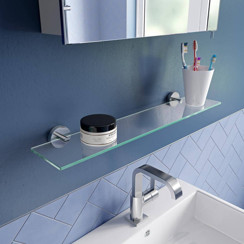 Croydex Pendle 5.3x24.3x2.1 in. Flexi-Fix Glass Bathroom Shelf in Chrome