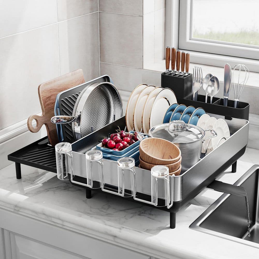 Front View Dish Rack Black Expandable Stainless Steel Dish Rack with Self-Draining Spout and ...