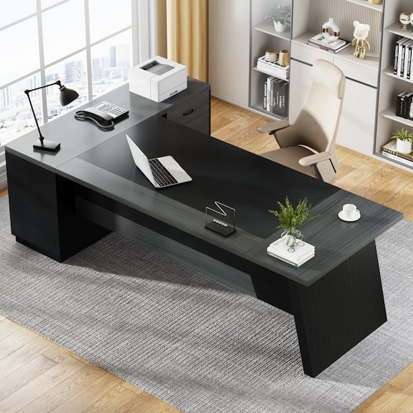 BYBLIGHT Capen 78 in. L Shaped Gray and Black Wood Executive BYBLIGHT Capen 78 in. L Shaped Gray and Black Wood Executive