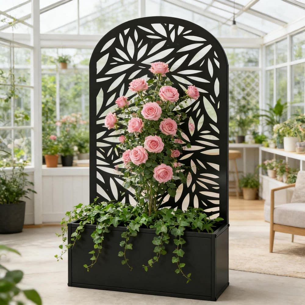 Curved Black Metal Raised Garden Bed with Leaf Cut-Out Trellis and Privacy Panel (24 in. L x 9.1 in. W x 44.5 in. H) price history on PriceWatchPro