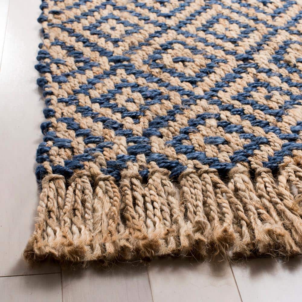 Hand-Woven Tropical Blue and Natural Jute Geometric 9' x 12' Rug