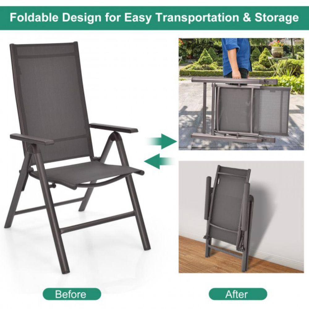 Gray Aluminum Folding Dining Chairs with Adjustable Reclining Backrest, Set of 2