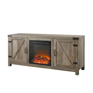 Barnwood Collection 58 in. Grey Wash TV Stand fits TV up to 65 in. with Barn Doors and Electric Fireplace
