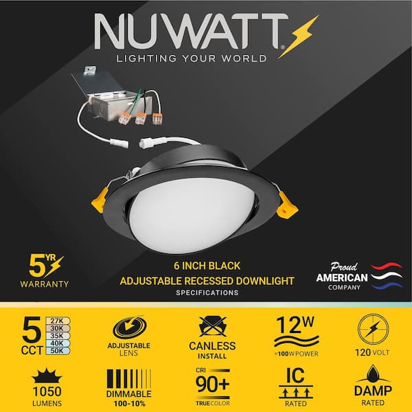 6 in. LED Black Adjustable Ultra Slim Canless Integrated LED Recessed Light Kit 5 CCT 2700K to 5000K Dimmable (6-Pack)