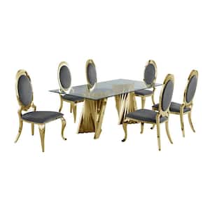 Becky 7-Piece Rectangular Clear Glass Top with Gold Stainless Steel Base Table Set with 6-Dark Grey Velvet Chairs