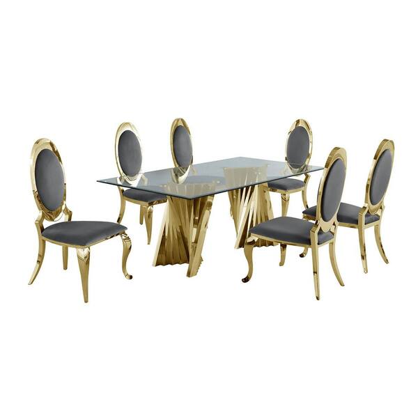 Best Quality Furniture Becky 7-Piece Rectangular Clear Glass Top with Gold Stainless Steel Base Table Set with 6-Dark Grey Velvet Chairs