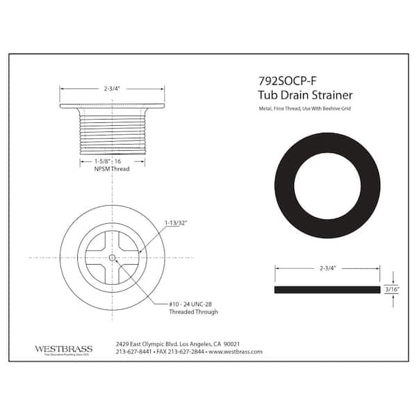 Westbrass 1-3/8 in. Bathtub Strainer Grid Drain Cover, Polished