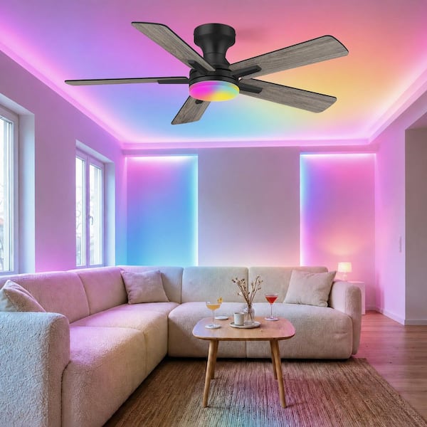 42 in. Smart Outdoor Indoor Black Flush Mount Ceiling Fan with RGB LED Lights and APP/Remote Control, Dimmable, 6 speeds