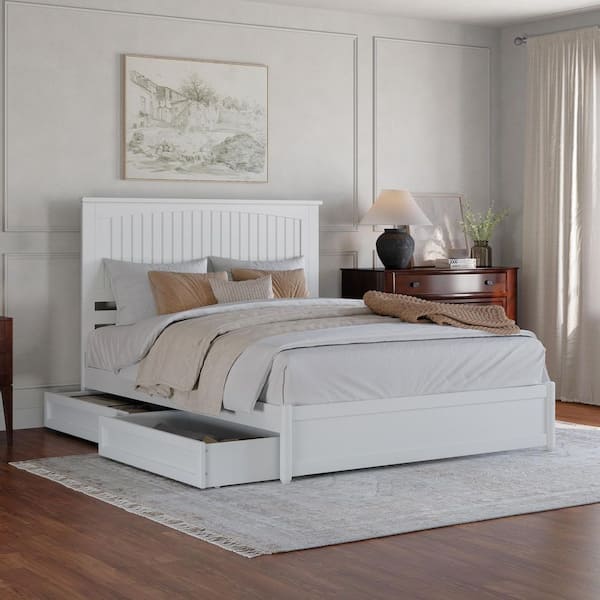 AFI Malta White Solid Wood Frame Queen Platform Bed with Panel Footboard and Storage Drawers