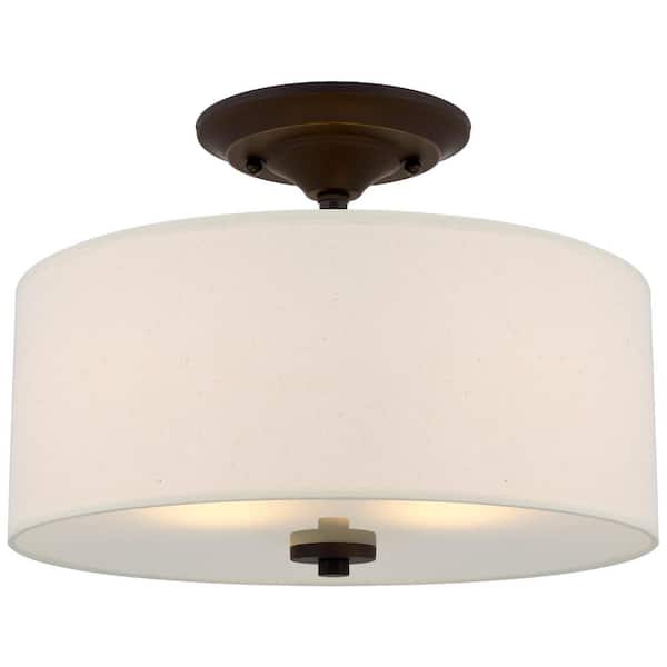 Kira Home Addison 13 in 60-Watt 2-Light Bronze Modern Semi-Flush with Off-White Shade, No Bulb Included