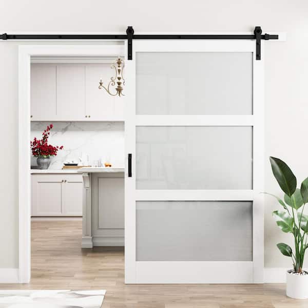 48 in. x 84 in, 3 Lite Tempered Frosted Glass White Finished Composite MDF Sliding Barn Door Slab with Hardware Kit
