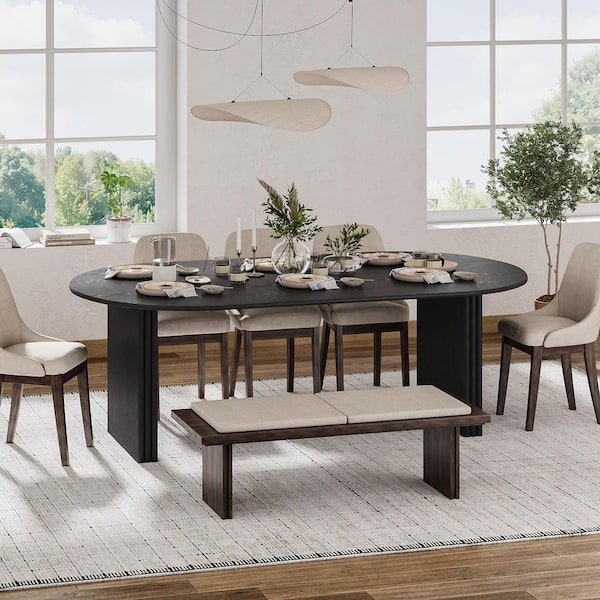Oval Black Wooden Solid Wood 67 in. Wood Pedestal Base Dining Table Seats 6