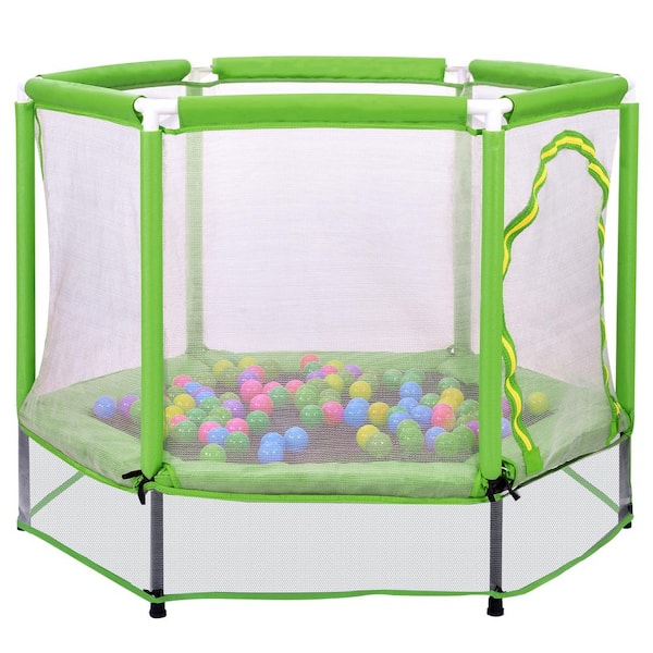 Sudzendf 55 in. Green Toddlers Indoor Outdoor Mini Trampoline with Safety Enclosure Net and Balls