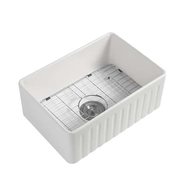 ANTFURN 30.00 in .W Farmhouse Apron-Front Ceramic Single Bowl in White Kitchen sink with Bottom Grids;Strainer