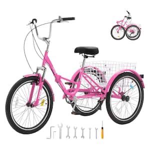 Folding Adult Tricycle 24 in. 7-Speed Adult Folding Trikes Carbon Steel 3 Wheel Cruiser Bike Foldable Tricycles, Pink