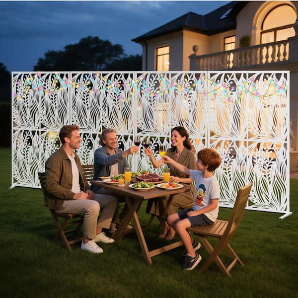 72 in. White Iron Privacy Screen, Freestanding Leaf Shape for Patio Balcony Garden Room Divider Indoor Outdoor