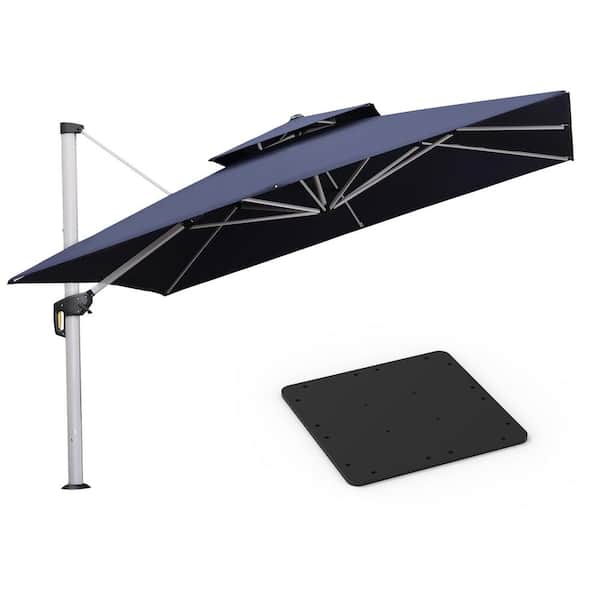 PURPLE LEAF 12 ft. Square High-Quality Aluminum Cantilever Polyester Outdoor Patio Umbrella with Base Plate, Navy Blue