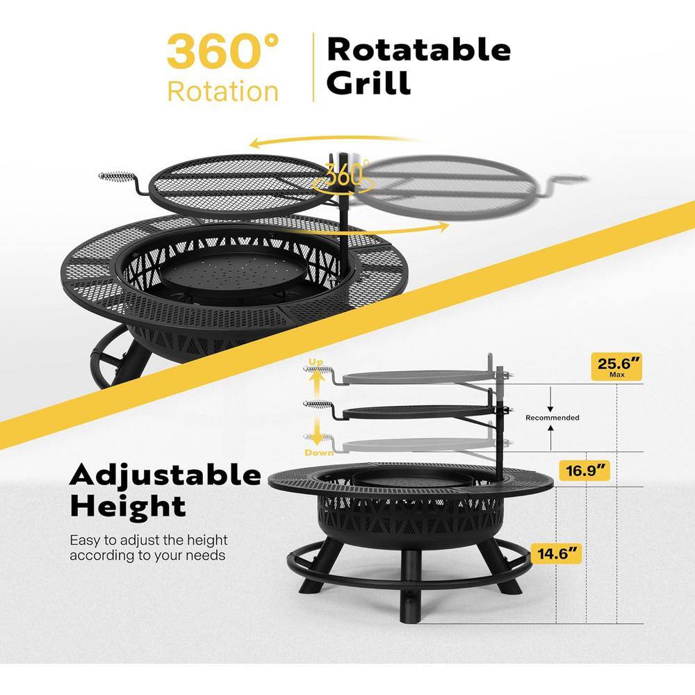 35-Inch Black Alloy Steel Fire Pit with Grill and Charcoal Pan