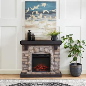 40 in. Tan Freestanding Faux Stone Infrared Electric Fireplace with Mantel