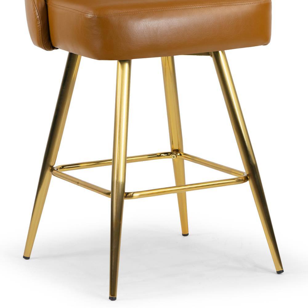 Set of 2 Light Brown Upholstered Iron Frame Counter Stools with Golden Legs