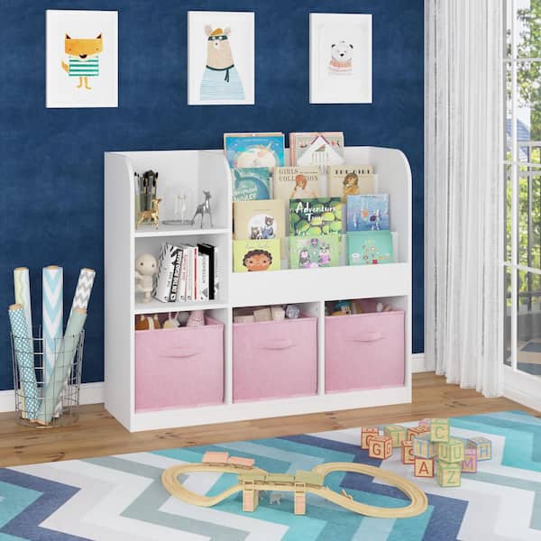 Polly 31.5 in. H White Plus Pink Wood Multifunctional Bookcase with 3-Collapsible Fabric Drawers, Bookcase Display Stand