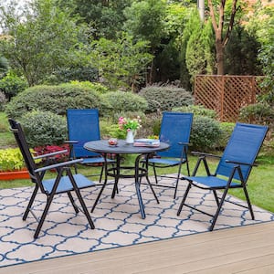 5-Piece Black Metal Patio Outdoor Dining Set with Slat Round Table and Blue Folding Reclining Sling Chairs