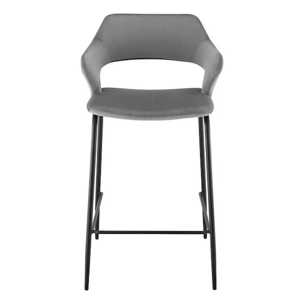HomeRoots 25.99 in. Black and Gray Low Back Metal Counter Height Bar Chair with Velvet Seat
