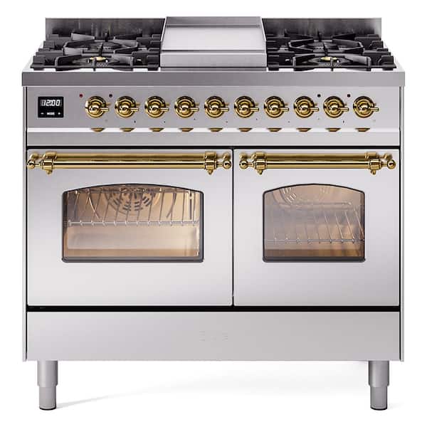 ILVE Nostalgie II 40 in. 6 Burner+Griddle Double Oven Liquid Propane Dual Fuel Range in Stainless Steel with Brass