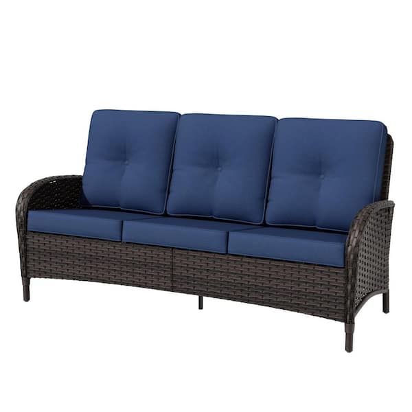 3-Seat Deep Brown Wicker Outdoor Couch Patio Sofa with Blue Cushions