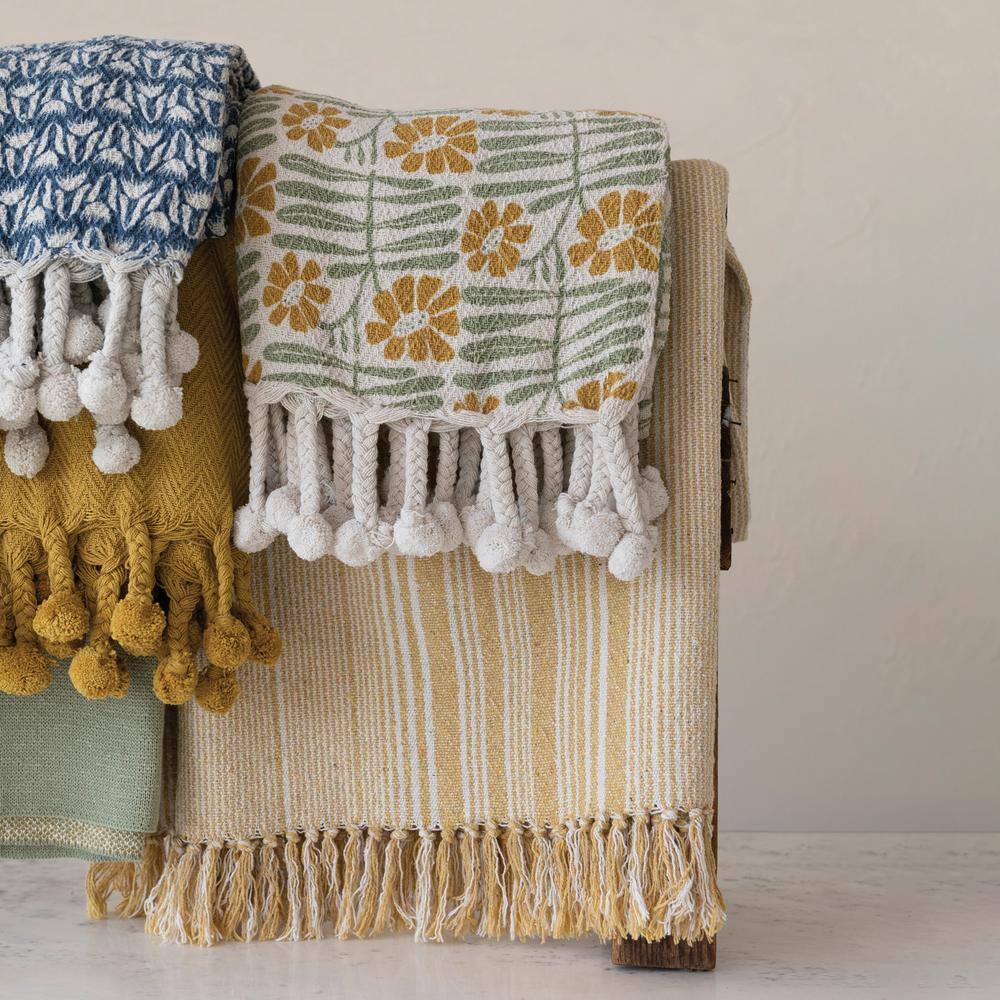 Sage and Mustard Floral Cotton Blend Throw with Pompom Tassels