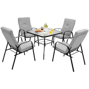 5-Piece Metal Outdoor Dining Set 4 Stackable Chairs Square Glass Table with Beige Cushions