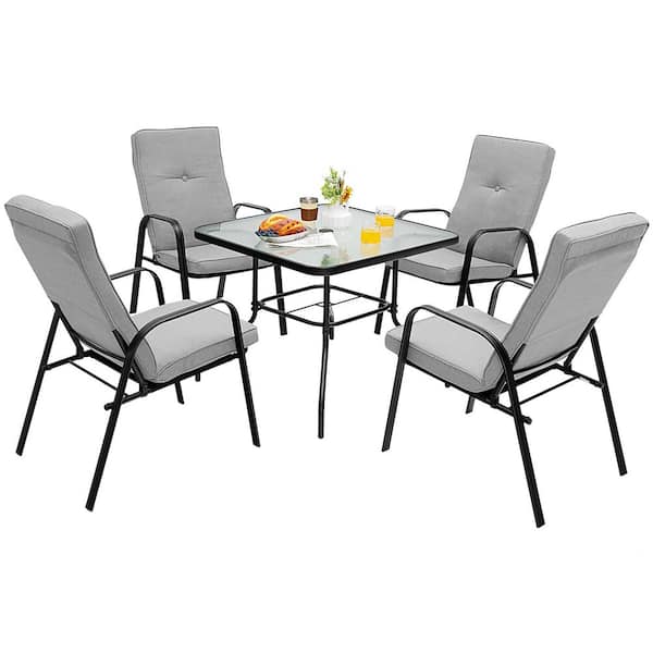 Costway 5-Piece Metal Outdoor Dining Set 4 Stackable Chairs Square Glass Table with Beige Cushions