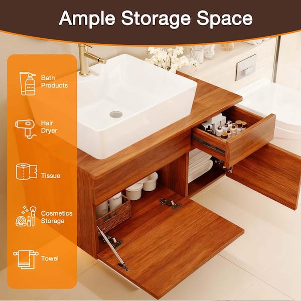 31.5 in. Wall Mounted Single Sink Walnut Bath Vanity with Wood Top and Ceramic Vessel Sink (Self Assembly Needed)