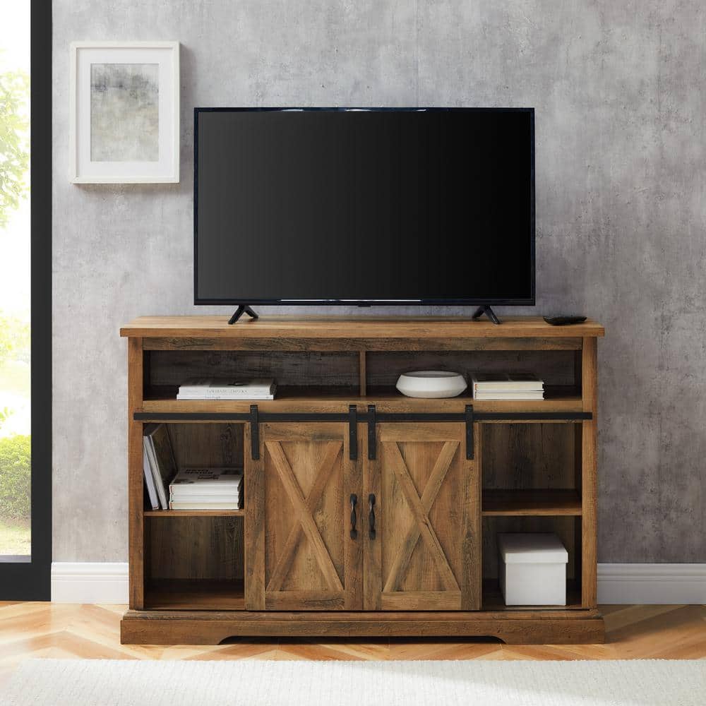 Rustic Oak 52" Modern Farmhouse TV Stand with Sliding Barn Doors