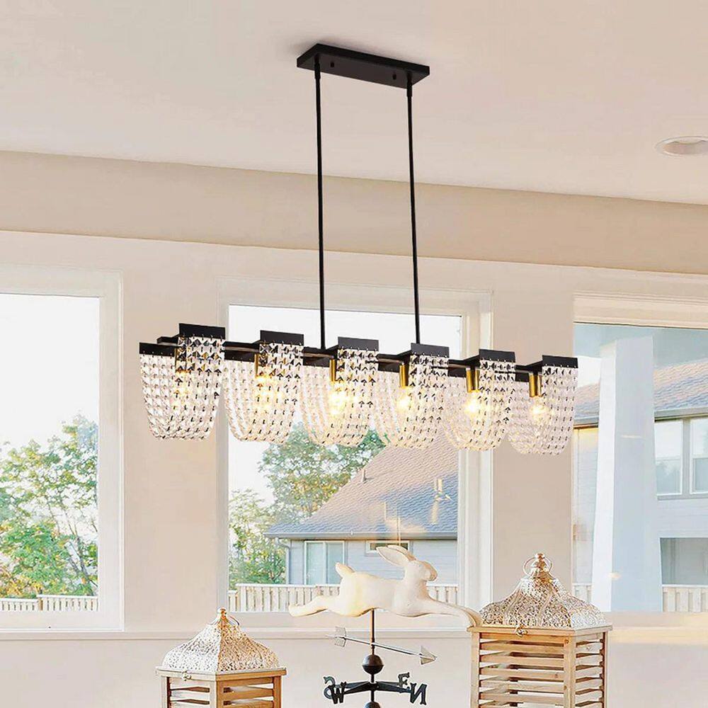 60-Watt 6-Light Crystal Black Kitchen Island Linear Pendant-Light with No Bulbs Included for Living Room Dining Room price history on PriceWatchPro