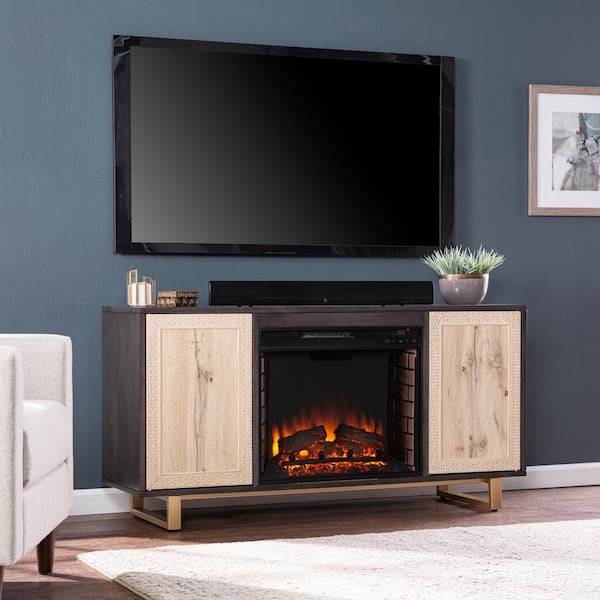 Southern Enterprises Saleh 54.25 in. Electric Fireplace in Dark Brown, Natural and Gold