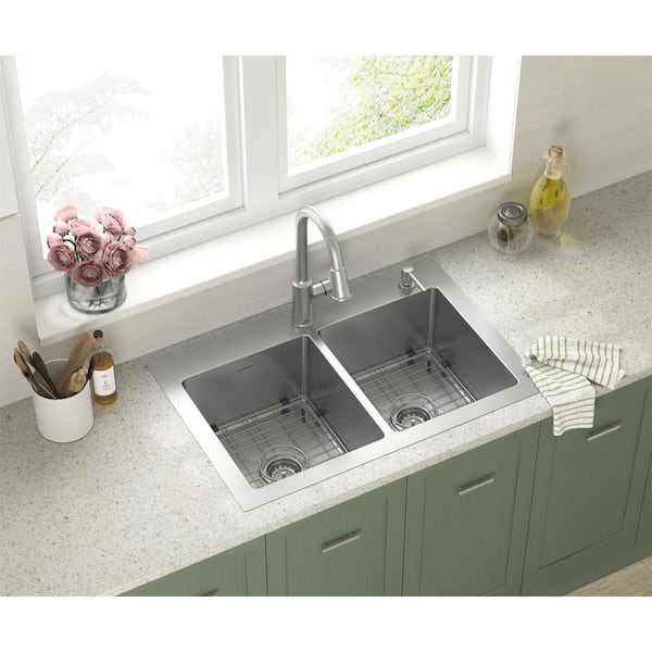 Raviv Stainless Steel 32 in. Double Bowl Drop-in Kitchen Sink