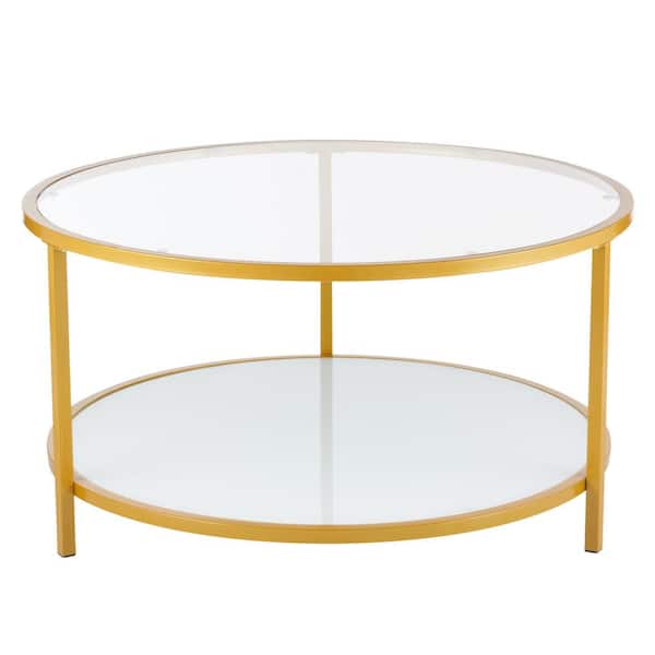 Merra 34 in. Gold Round Tempered Glass Coffee Table with Low Storage Shelf