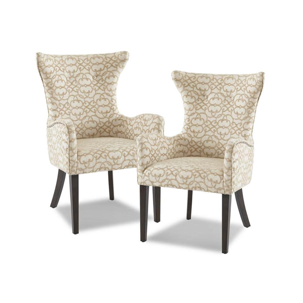 Tan Linen Upholstered Arm Chairs with Wood Legs, Set of 2