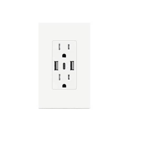 15 Amp/120-Volt Temper Resistant Duplex Outlet with 3-USB Ports, 2-USB-A and 1-USB-C Totaling 6 Amp, White (2-Pack)