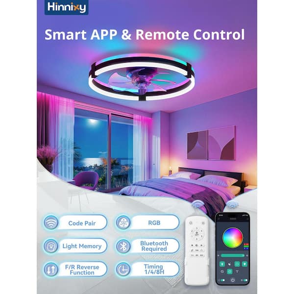 20 in. Black Smart  Fandelier Low Profile Flush Mount Outdoor Ceiling Fan with 6 Speeds, RGB Remote & APP Control