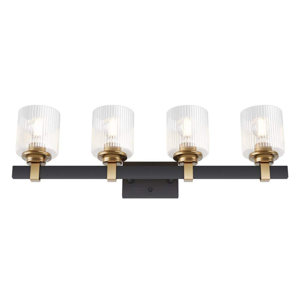 Modern 28.35 in. 4-Light Black and Gold Vanity Light with Texture Glass Sha