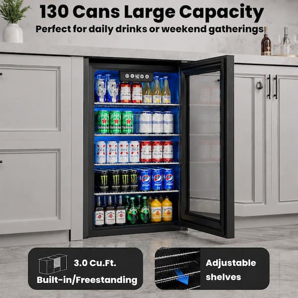 15.35 in. Single Zone 130-Cans Built-in/Freestanding Beverage Cooler Fridge with Shelves in Matte Black, Interior Light