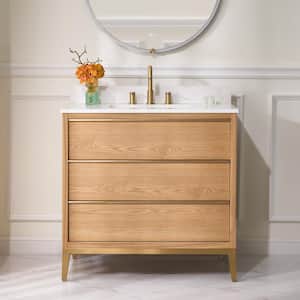 36 in.W x 22 in.D x 35 in.H Certified Single Sink Solid Wood Bath Vanity in OAK with White Quartz Top,Soft-Close Drawers